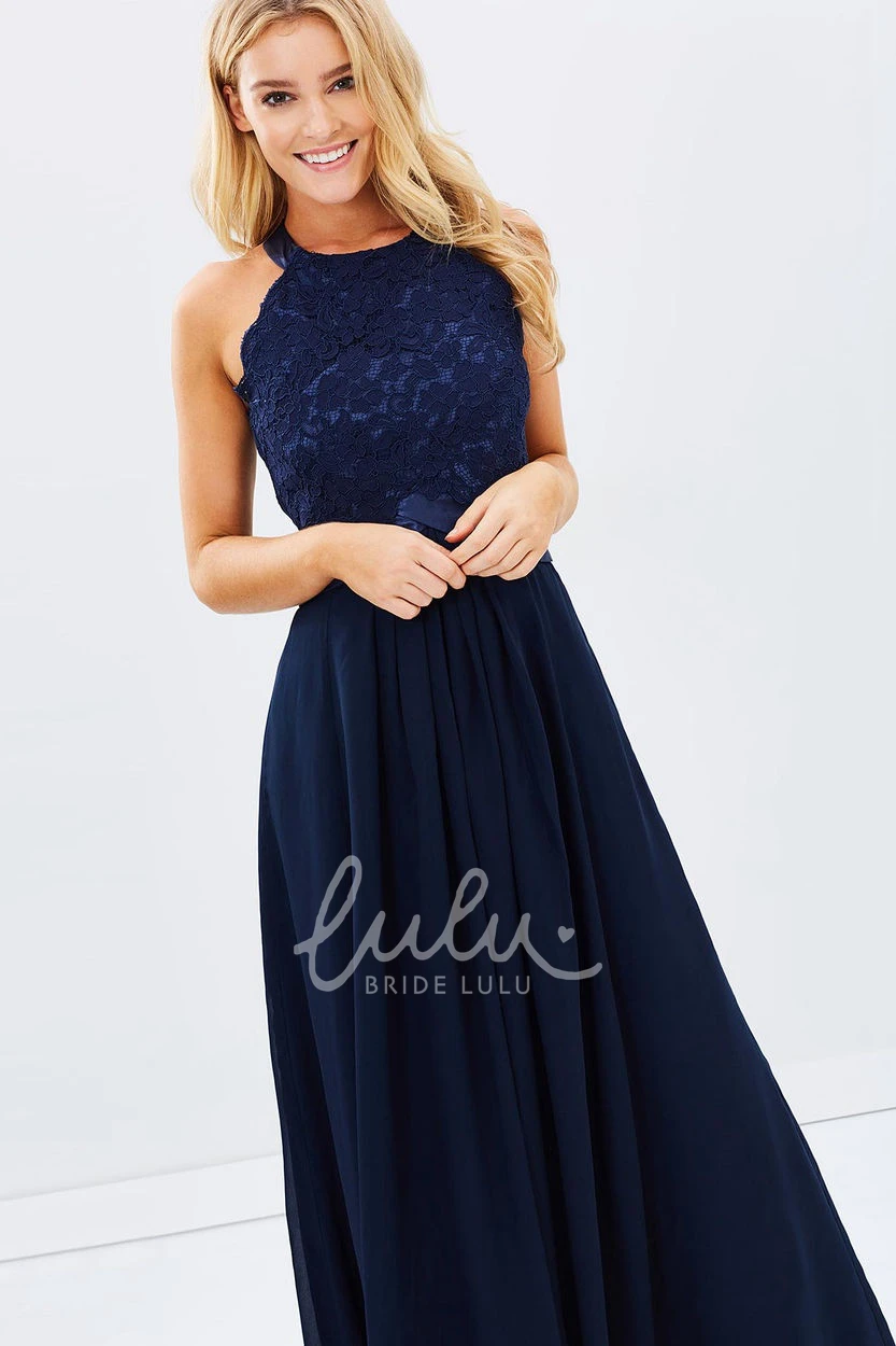 Appliqued Sleeveless A-Line Bridesmaid Dress with Ankle-Length and Zipper Back Flowy Bridesmaid Dress