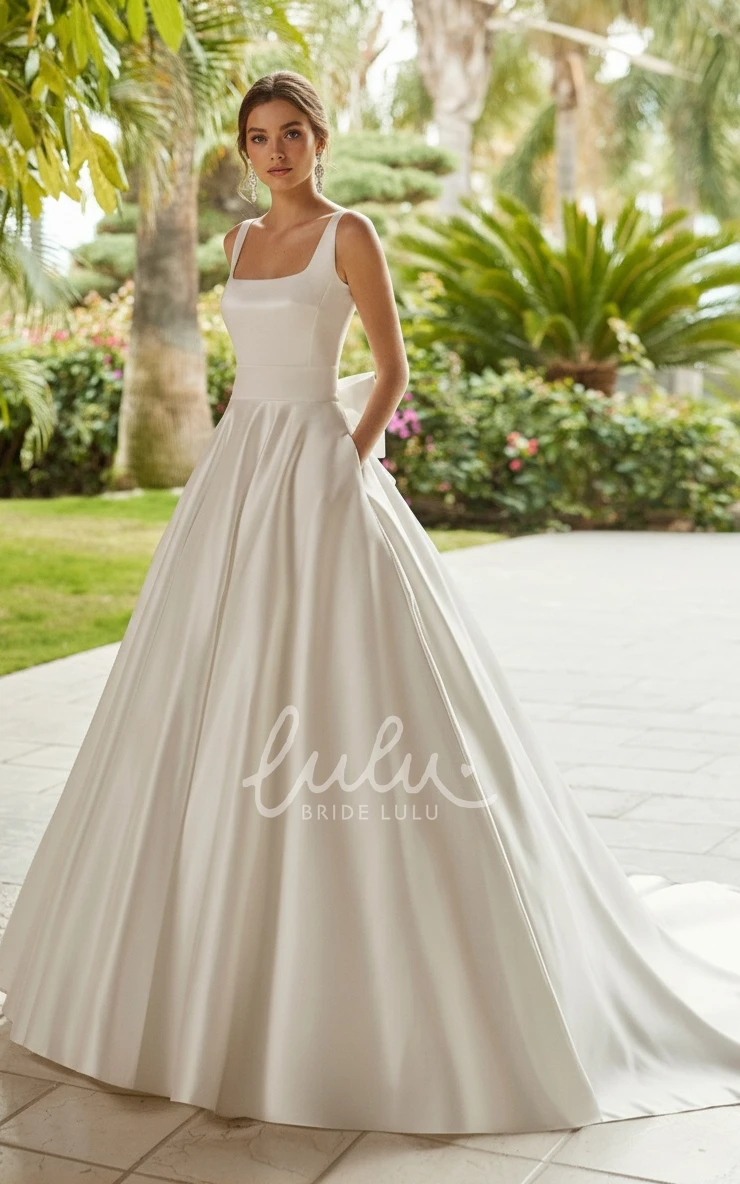 Simple Solid A-Line Square Neck Straps Satin Spring Wedding Dress Elegant Romantic Court Floor-length Sleeveless Backless Zipper Bridal Gown with Bows