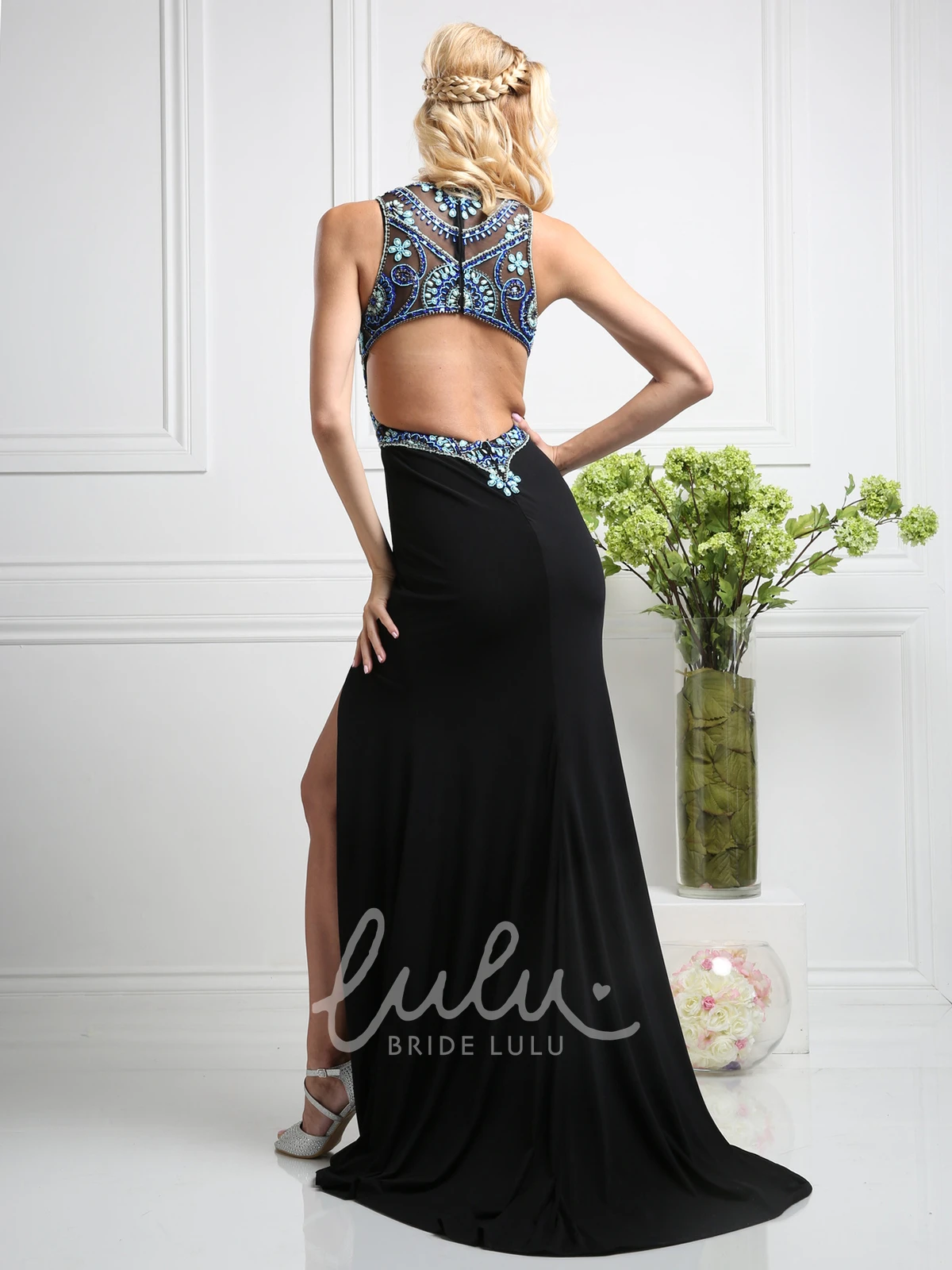 Sleeveless Jersey Sheath Dress with Keyhole Beading and Split Front Formal Dress