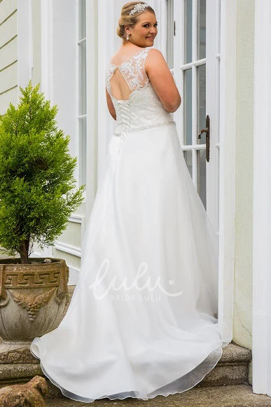 A-Line Wedding Dress with Lace Top Crystal Sash Lace-Up Back and Keyhole