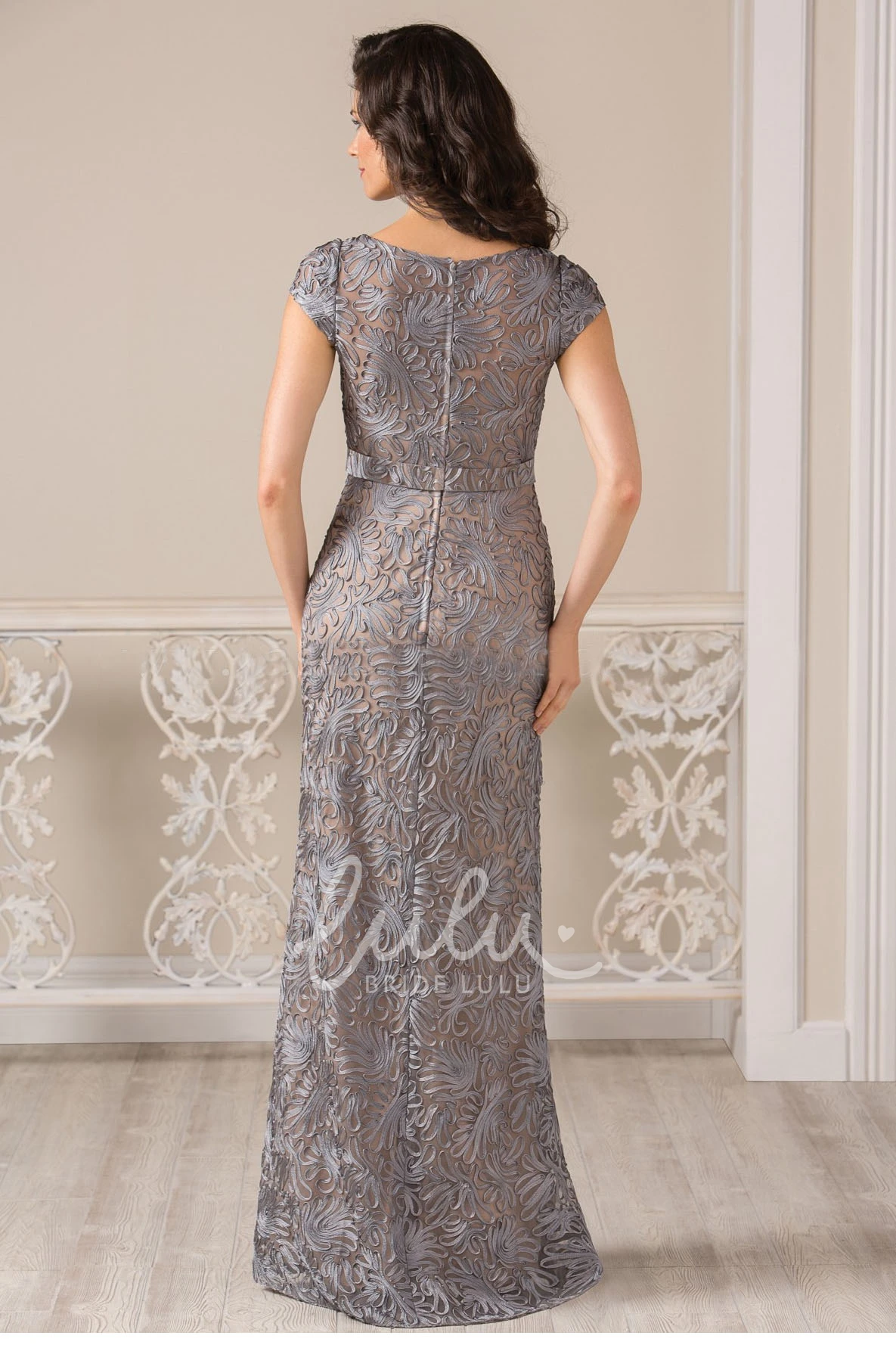 Long Cap-Sleeved Appliqued Formal Dress with Bateau-Neck