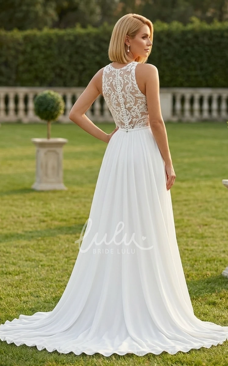  Garden Boho Lace A-Line Summer Wedding Dress Beach Modest Elegant Chiffon Illusion Button Back Gown with Sweep Train