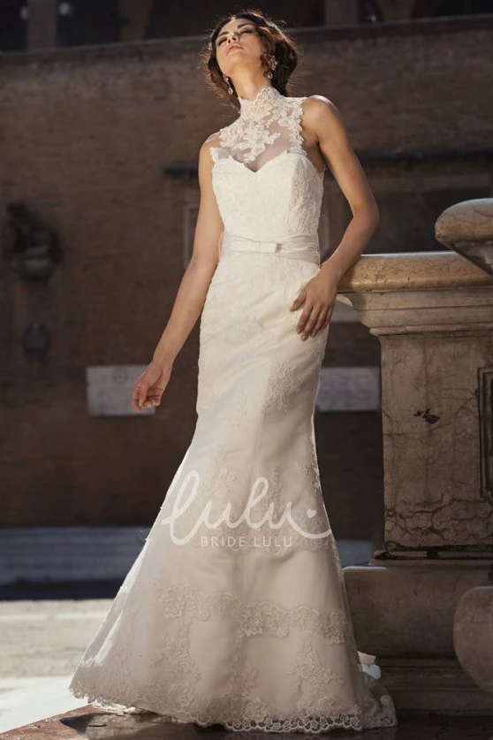 Sleeveless High-Neck Lace Sheath Wedding Dress Elegant and Unique