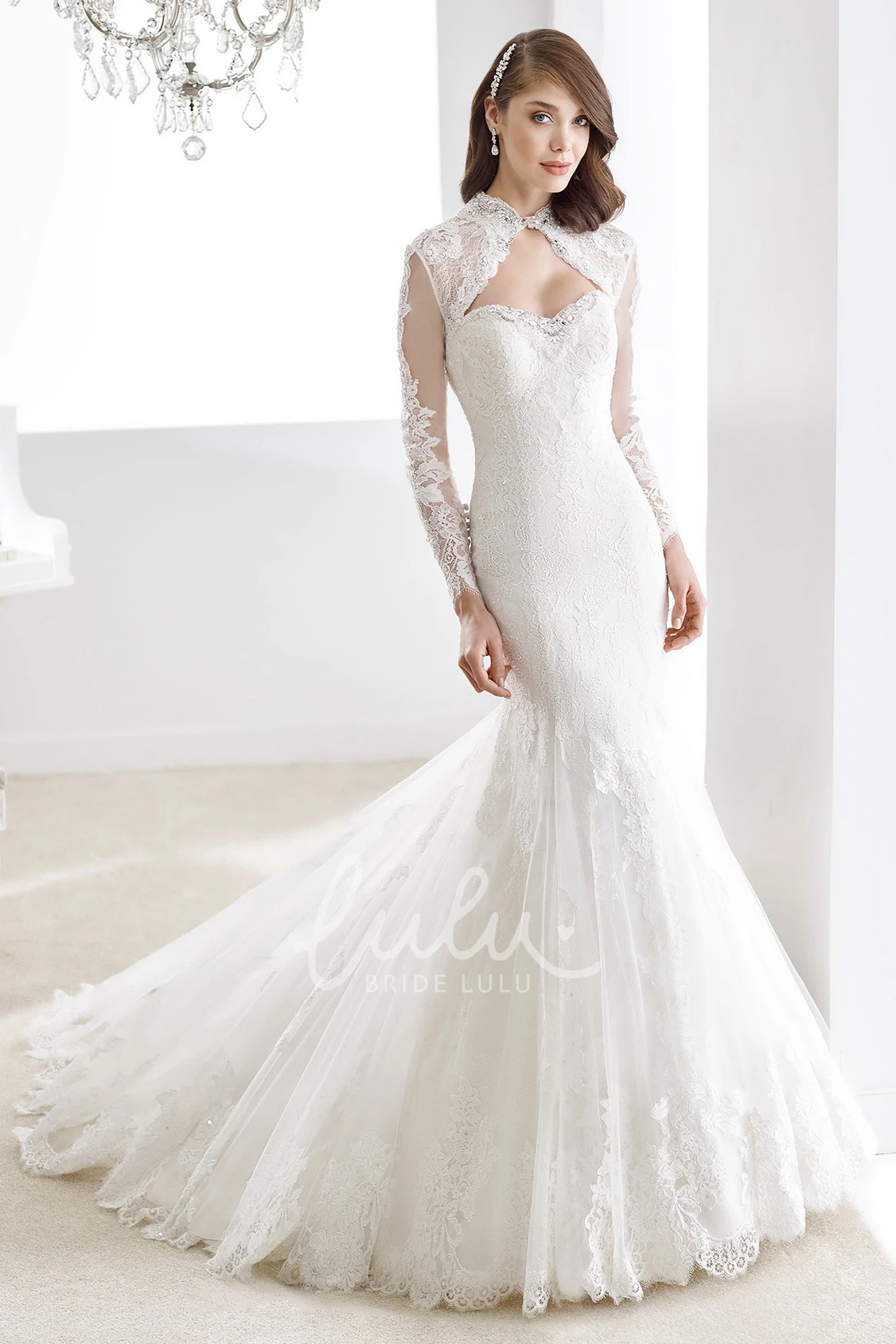 Lace Sheath Wedding Dress with Keyhole Bust and Mermaid Style Long Sleeve