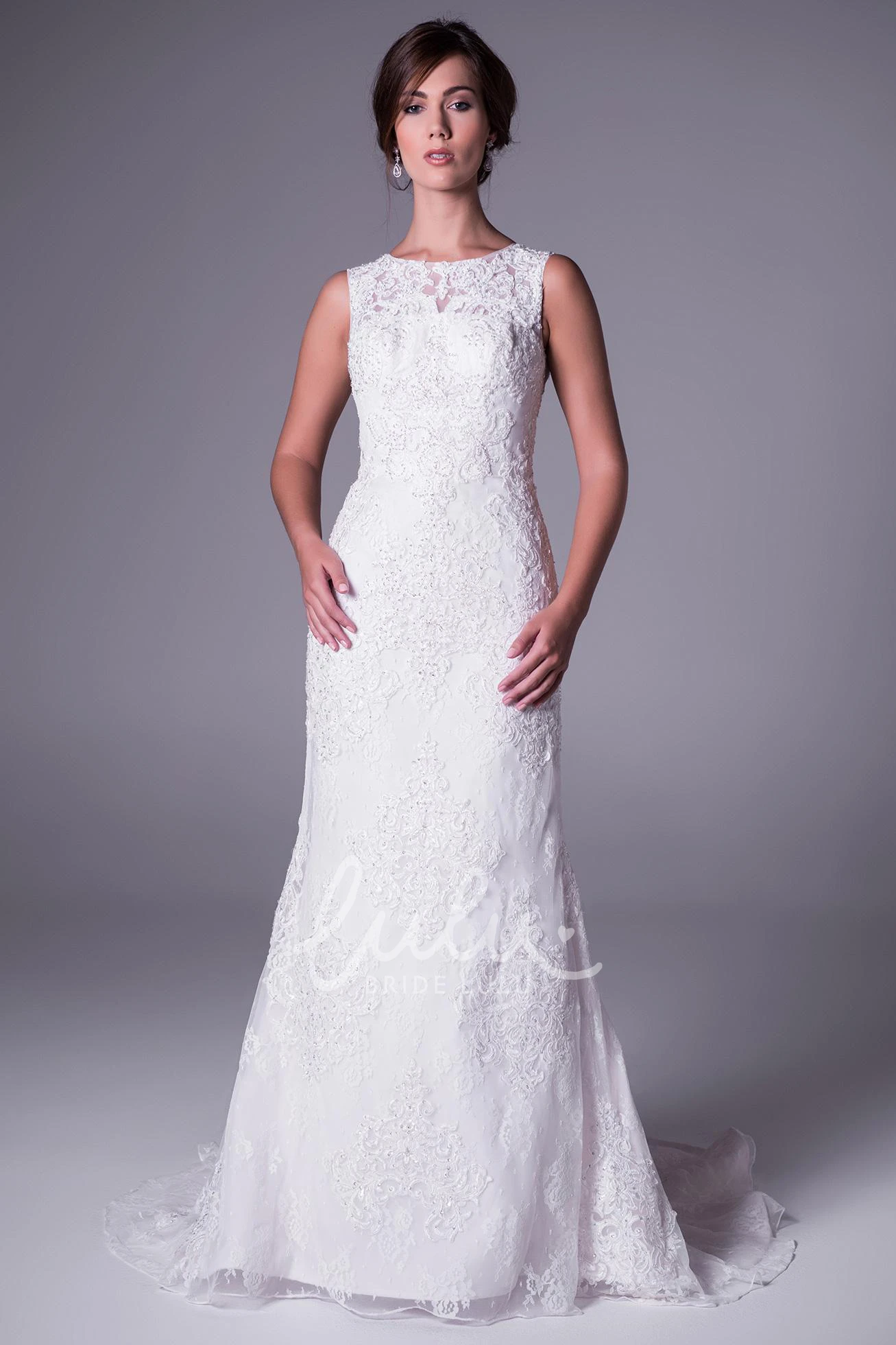 Illusion Long Wedding Dress with Scoop Neck and Appliqued Lace