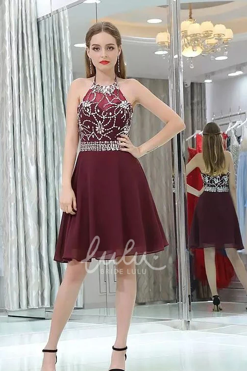 Halter Neckline Chiffon Homecoming Dress with A-line Silhouette and Beading