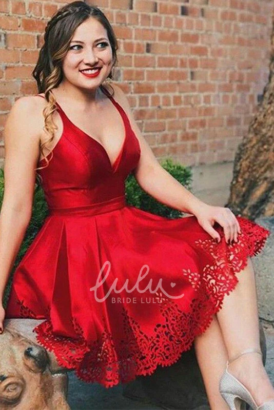 Knee-length Satin A-line Homecoming Dress with Straps and Pleats