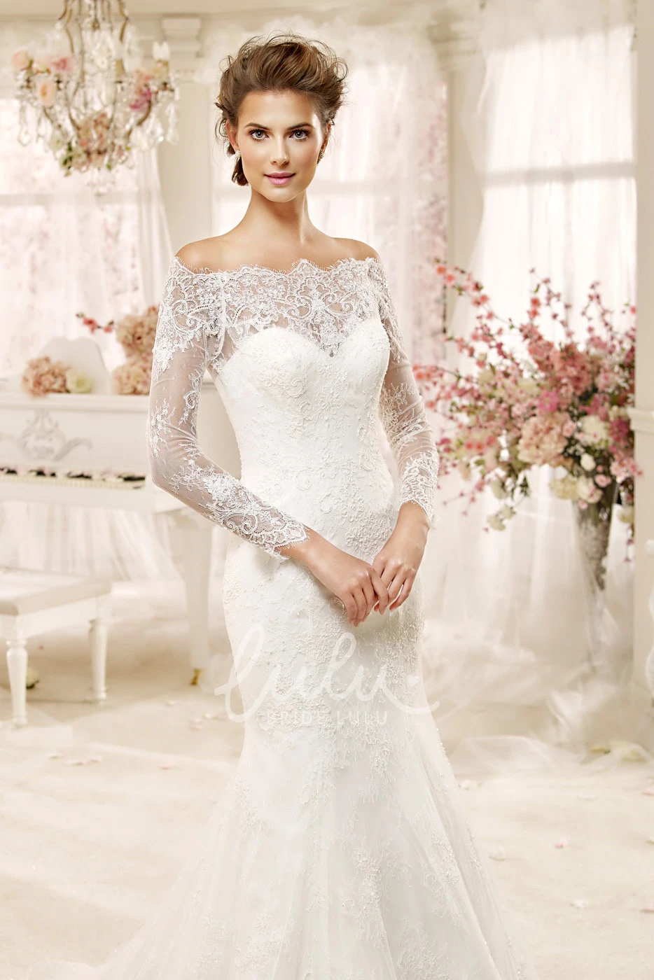Illusive Long Sleeve Off-Shoulder Wedding Dress with Sheath Silhouette
