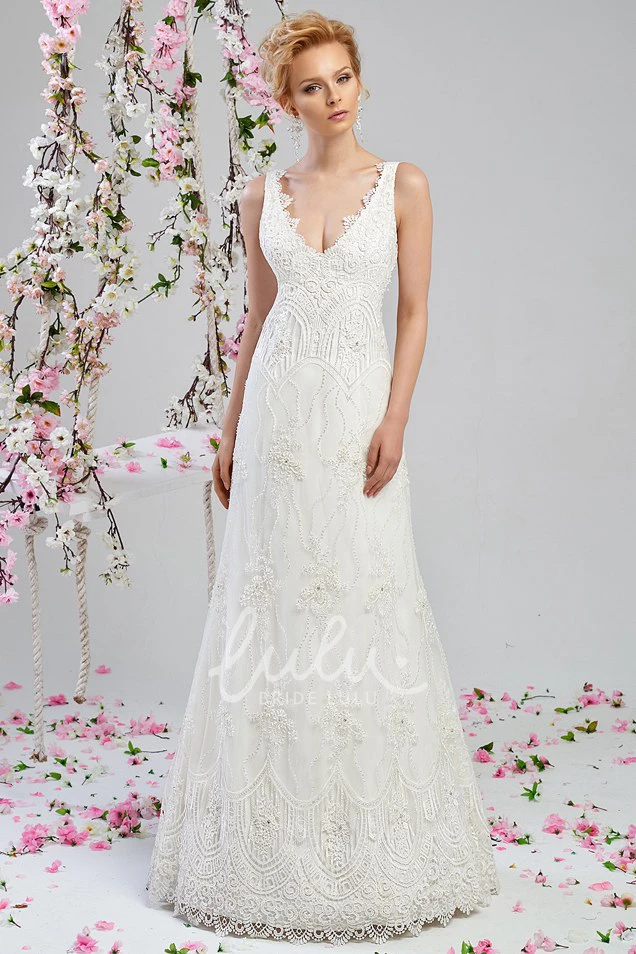 V-Neck Beaded Lace A-Line Wedding Dress Floor-Length