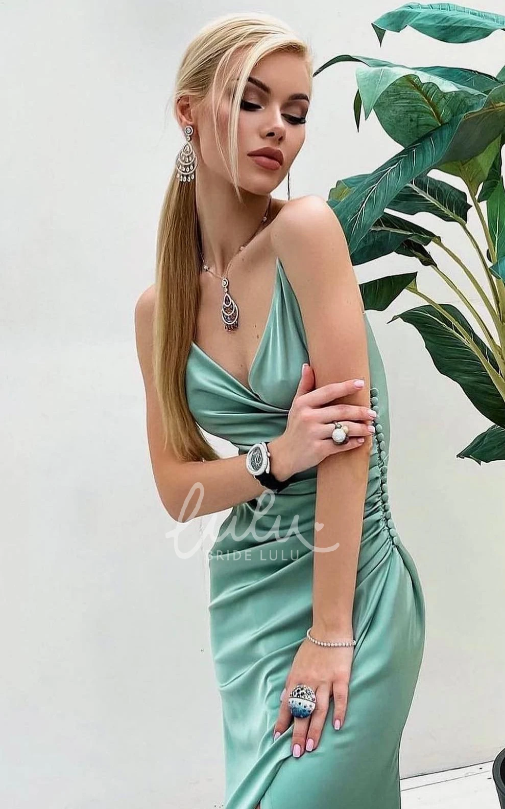 V-neck Satin Split Front Evening Dress Modern Wedding Dress