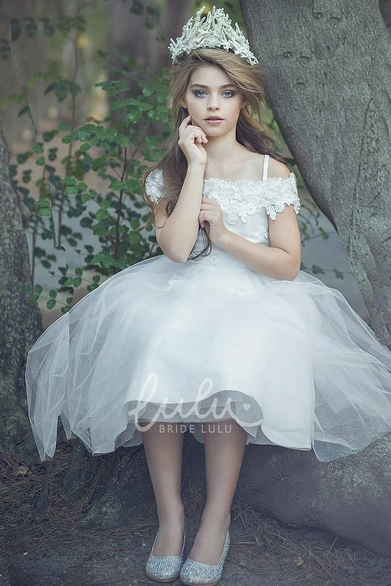 Appliqued Tea-Length Satin Flower Girl Dress with Embroidery