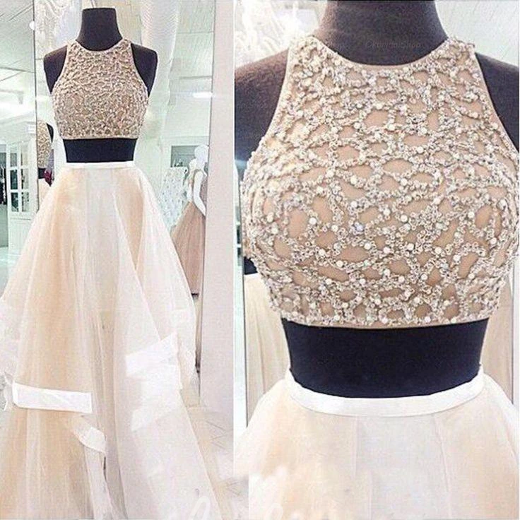 Two-Piece Halter Beaded Prom Dress with Ruffle and Sleeveless