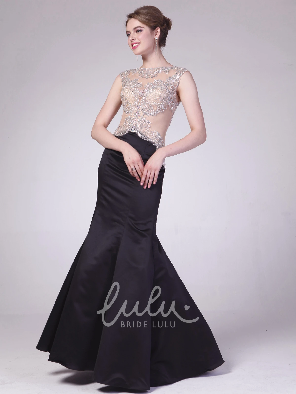 Trumpet Sleeveless Satin Illusion Dress with Jewel Neckline and Beading