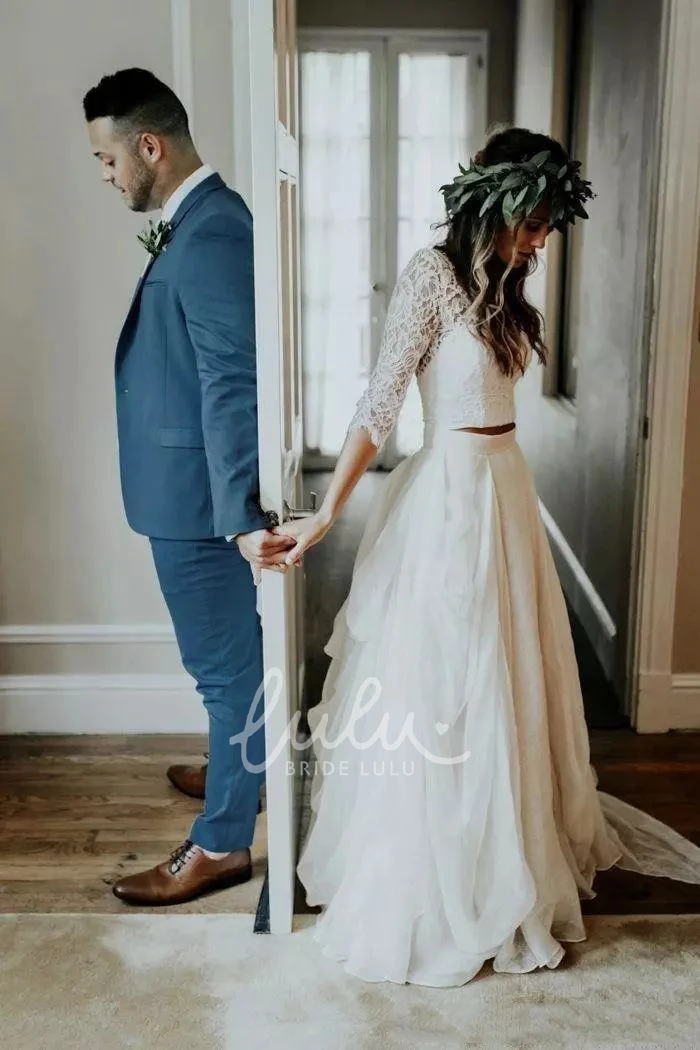 Two Piece Lace Wedding Dress with Ruching V-neck and Sweep Brush Train