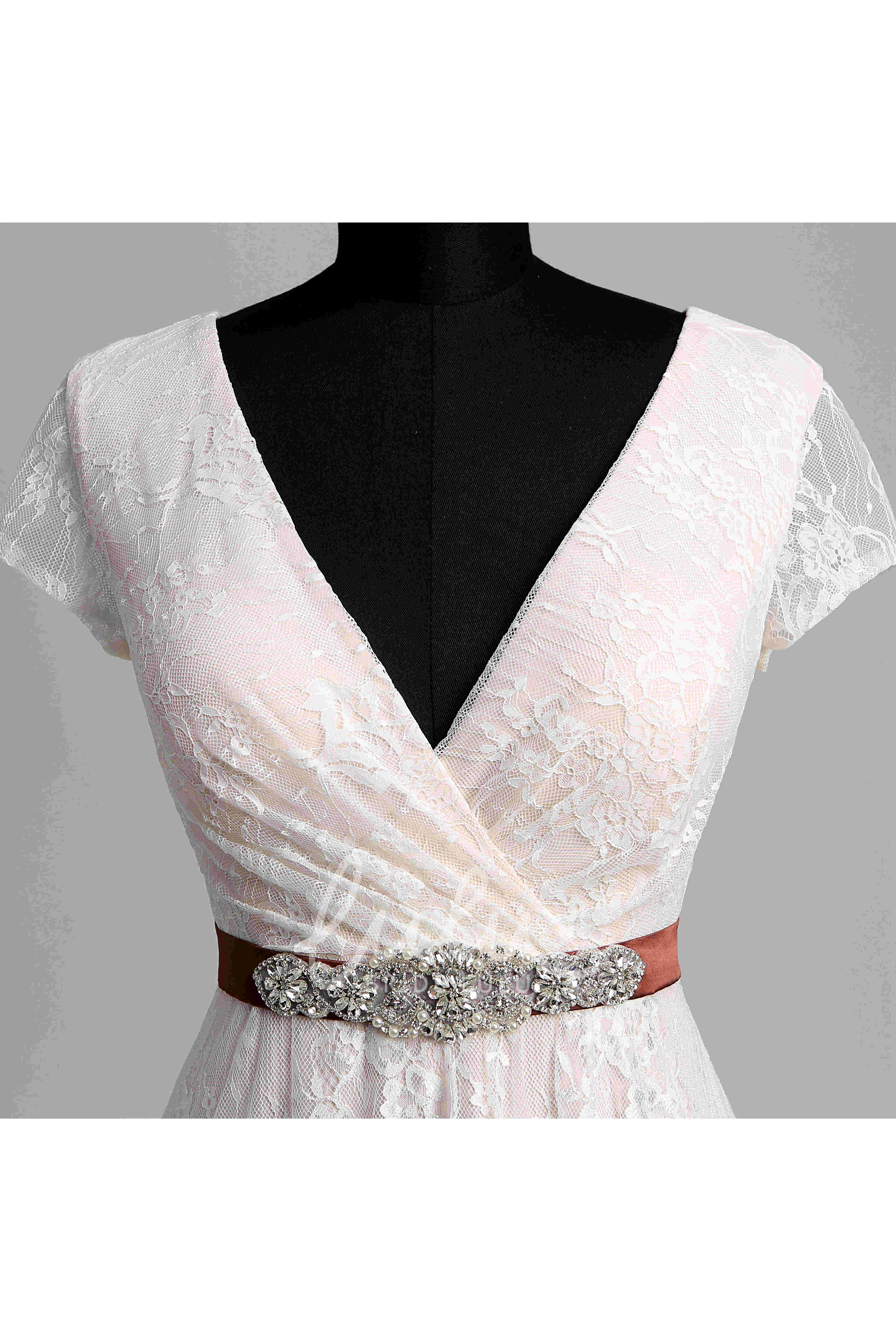 Lace A-Line Beach Wedding Dress with Sash Ribbon and Beading