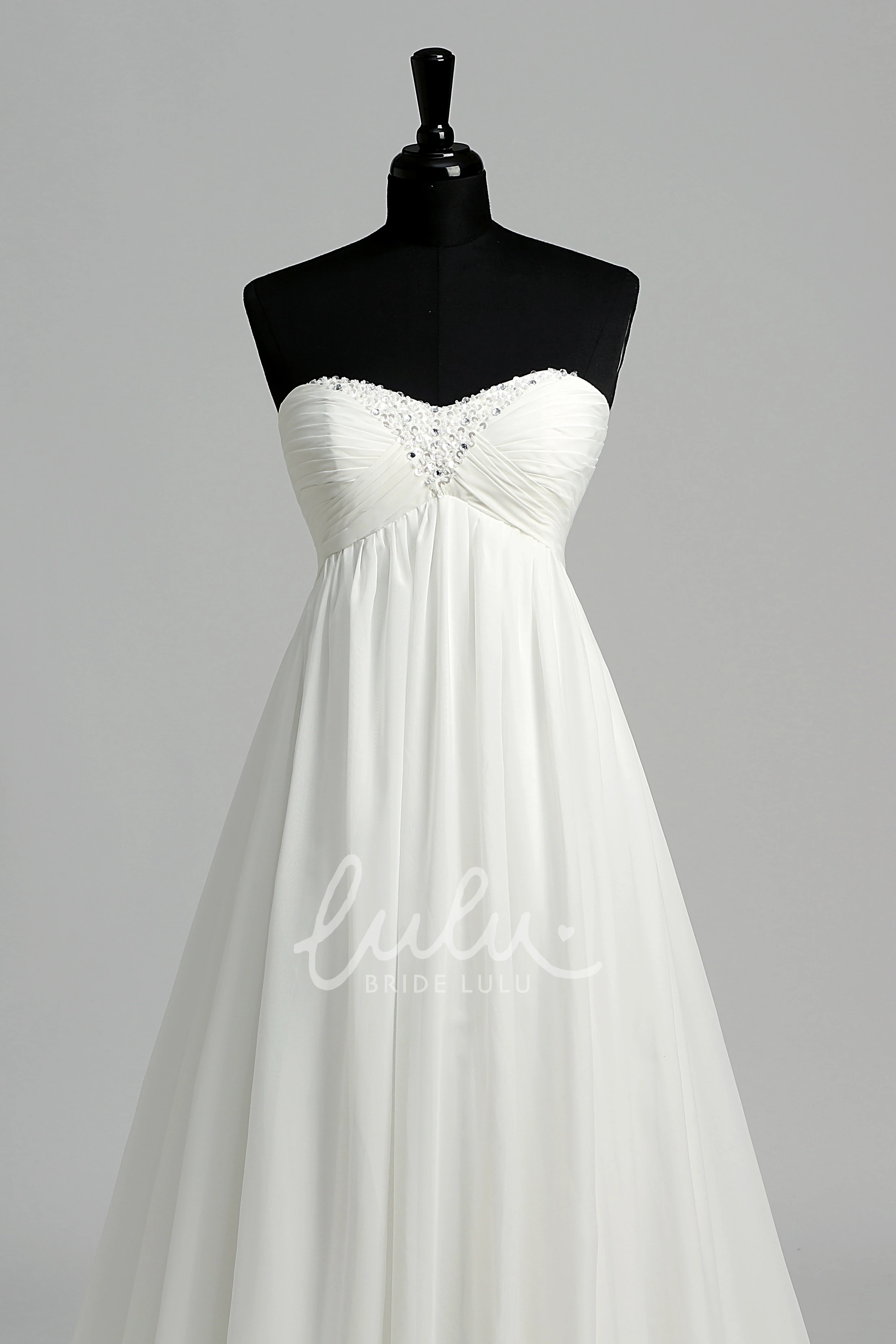 Chiffon A-line Wedding Dress with Sweetheart Neckline Sleeveless Design Beaded Bodice and Ruched Skirt