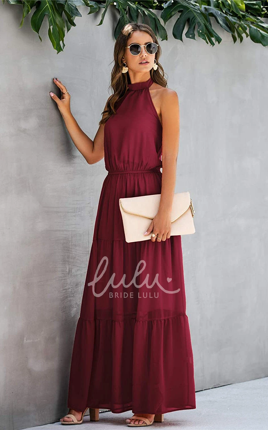 Chiffon A-Line Halter Sleeveless Evening Dress with Ruffles Casual Bridesmaid Dress