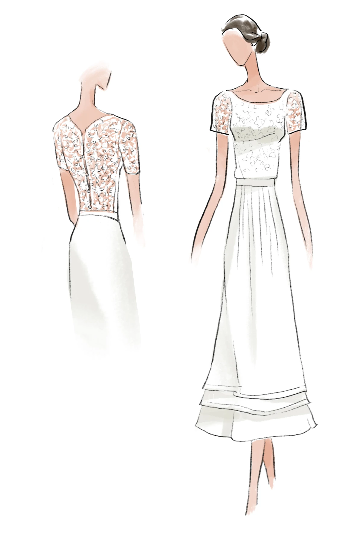 White Lace A-Line Tea Length Wedding Dress with Cap Sleeves