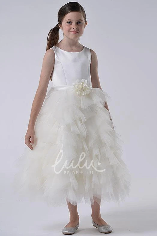 Ruffled Tiered Tulle and Satin Flower Girl Dress with Floral Design