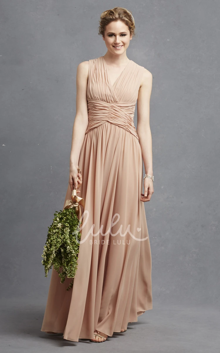 V-Neck Sleeveless Chiffon Dress with Ruching and Crisscross Detail