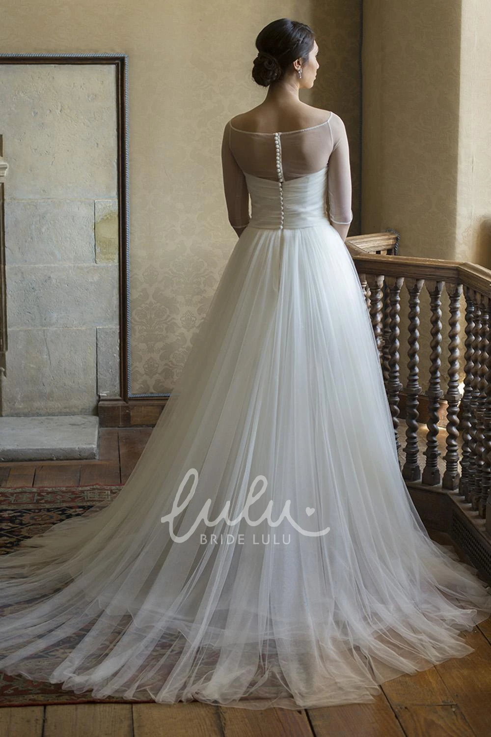 Illusion A-Line Tulle Wedding Dress with Half-Sleeves and Bateau Neckline
