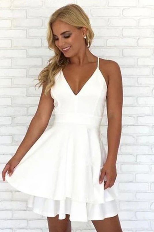 Tiers Lace Spaghetti V-neck Sleeveless A-line Mini Chiffon Homecoming Dress Boho