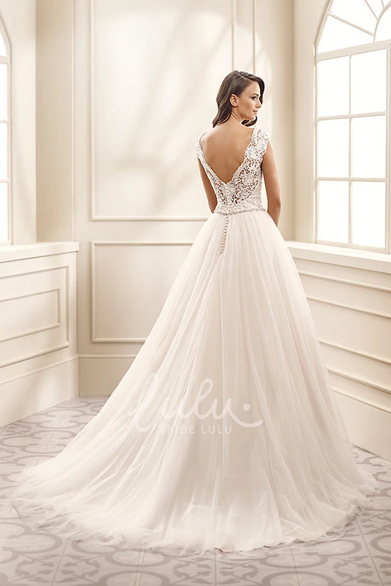 Cap-Sleeve A-Line Lace&Tulle Warm Wedding Dress with Waist Jewelry Unique Bridal Gown