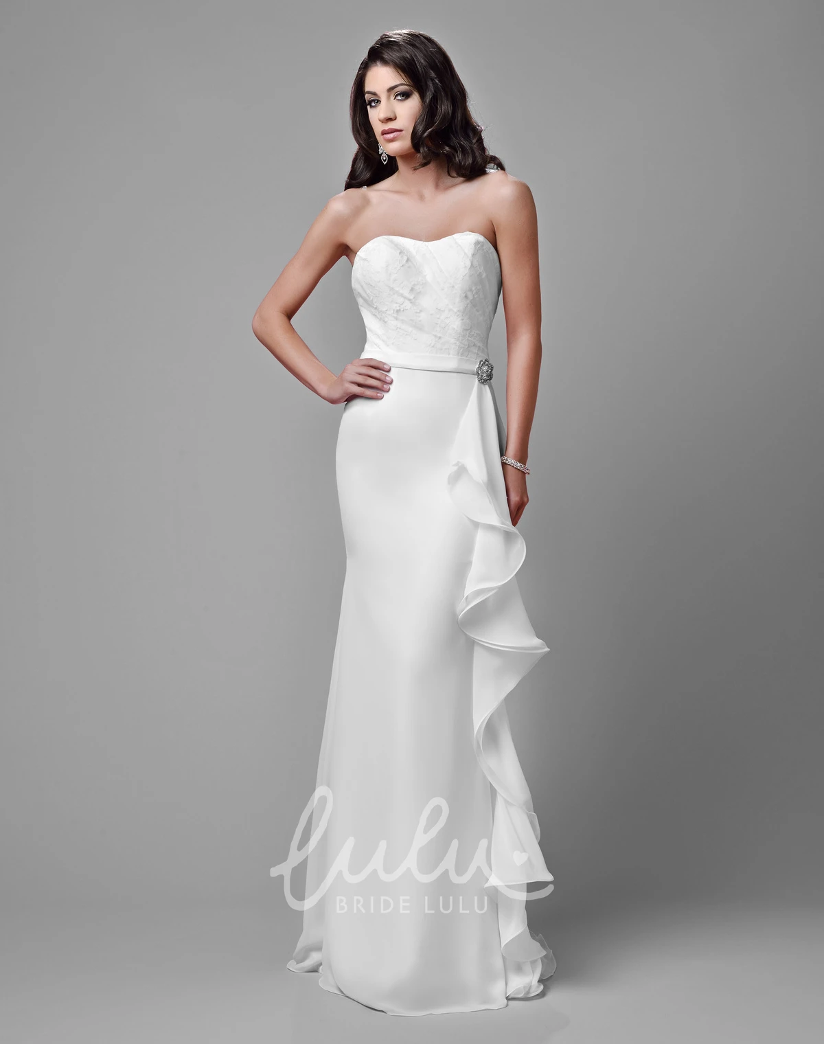 Sheath Chiffon Wedding Dress with Lace Bodice and Draped Ruffles Unique Bridal Gown