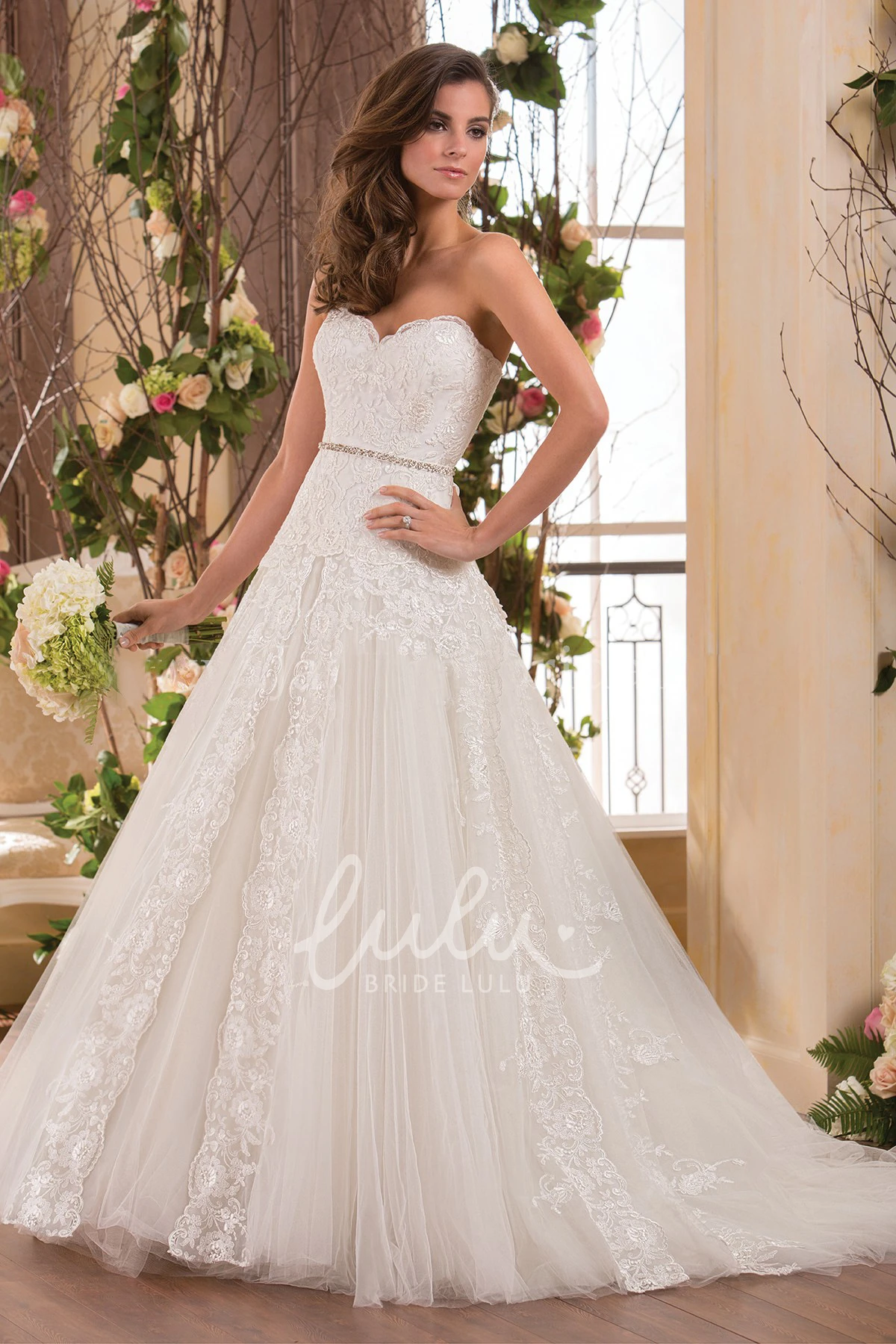 A-Line Wedding Dress with Appliques and Sequined Waistline