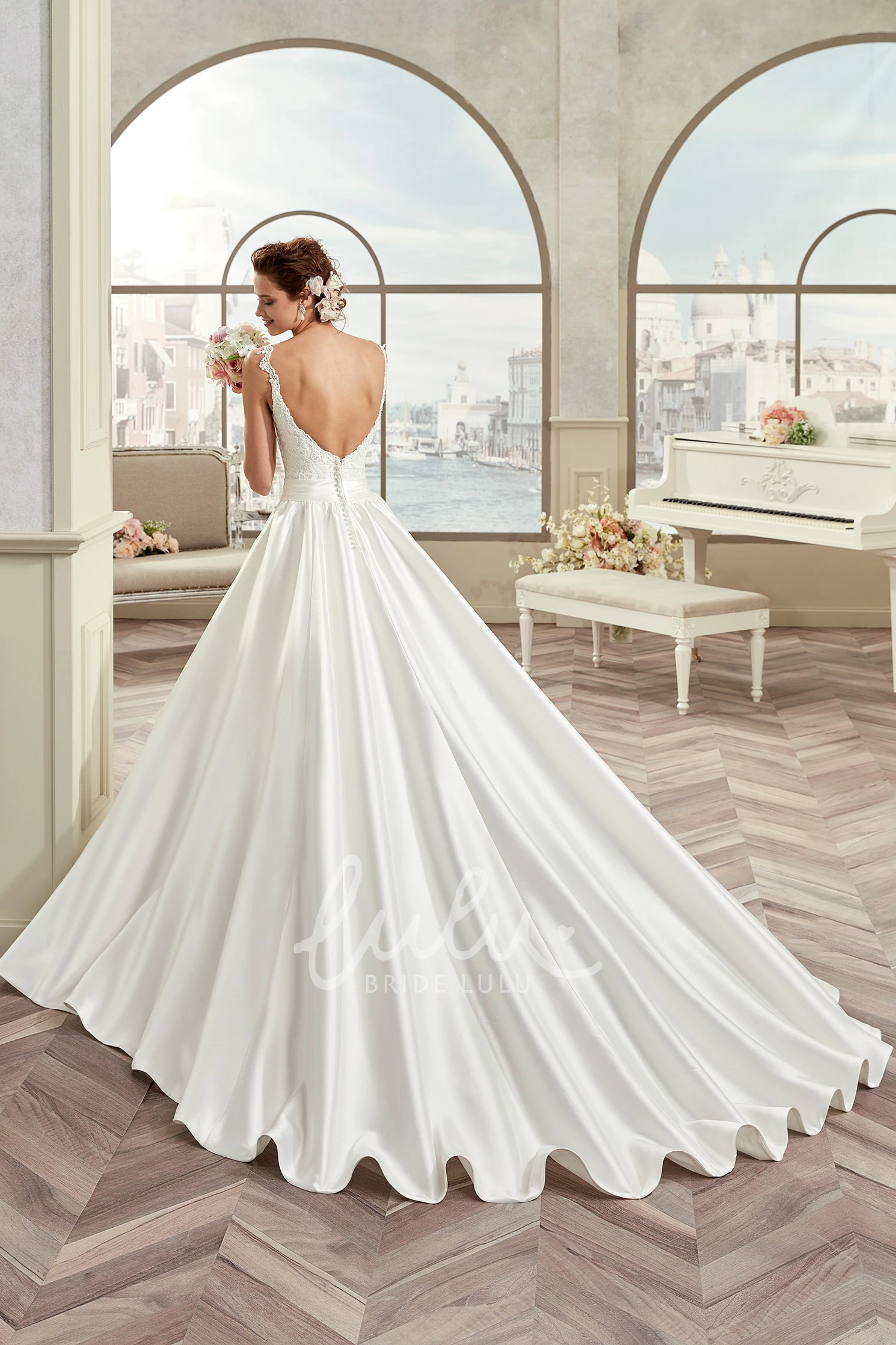 V-Neck A-Line Bridal Gown with Applique Straps and Cinched Waistband Open-Back