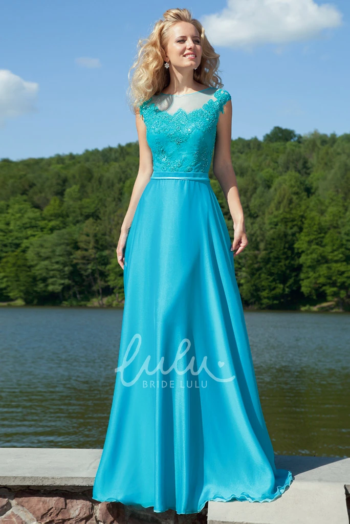 Jewel-Neck Chiffon Prom Dress with Bow Appliqued Cap-Sleeve Long