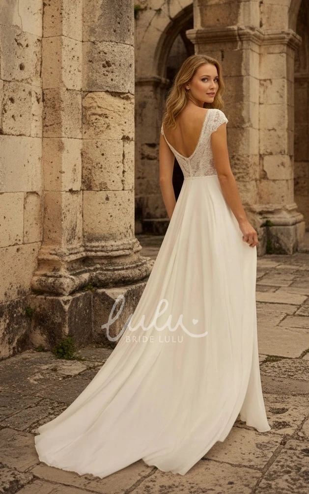 Sexy Ethereal A-Line Lace Appliques Chiffon Wedding Dress with Plunging Neckline Deep-V Back for Beach Ceremony