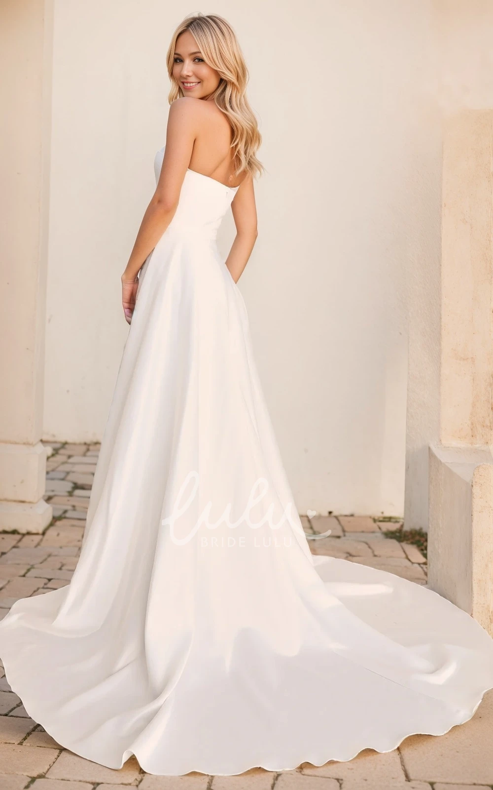 Modern A-Line Satin Sleeveless Wedding Dress Ruching and Front Slit Train Gown