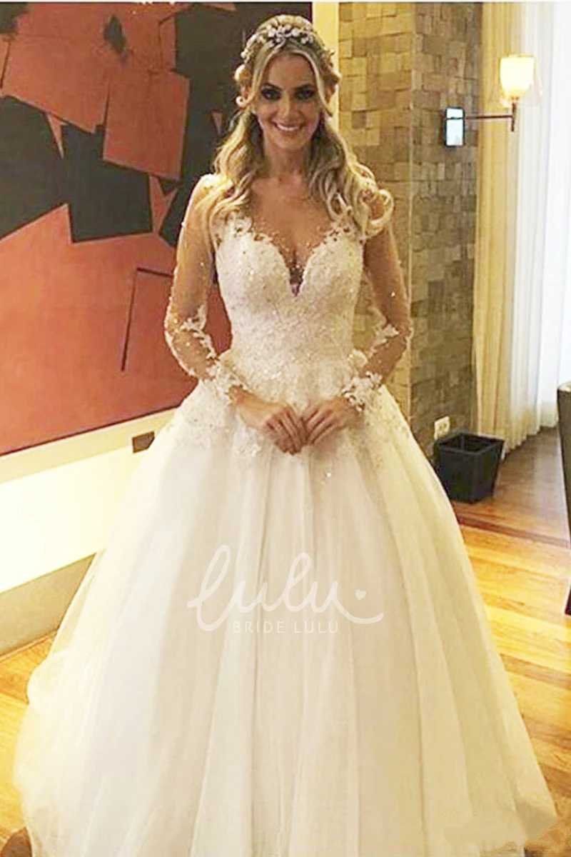 Lace Tulle V-neck Ball Gown Warm Wedding Dress with Buttons and Zipper