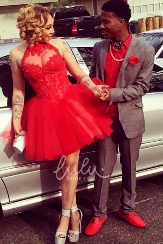 Halter A-line Lace Tulle Homecoming Dress Short Mini Sleeveless Pleats