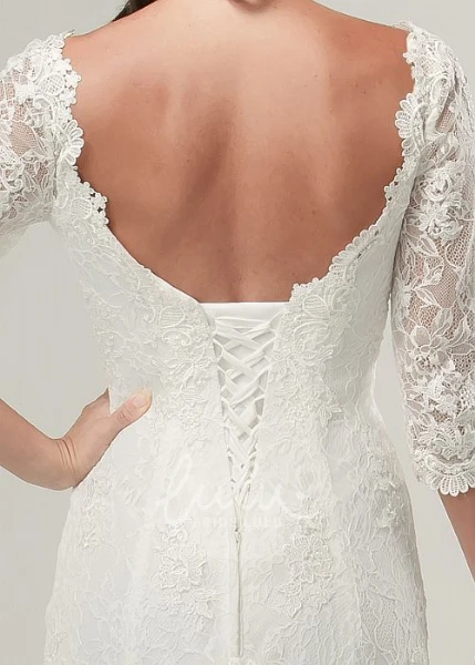 Half Sleeve Lace Wedding Dress with V-Neck and Brush Train Flowy Bridal Gown