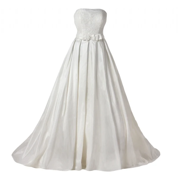 A-Line Floor-Length Appliqued Strapless Sleeveless Satin Wedding Dress Strapless Satin Wedding Dress with A-Line Silhouette and Appliques