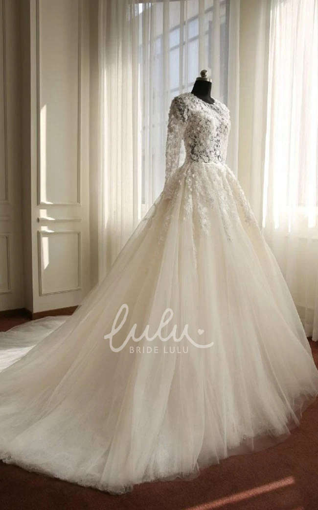 A-Line Tulle Lace Dress with Bell Sleeves Beading and Appliques