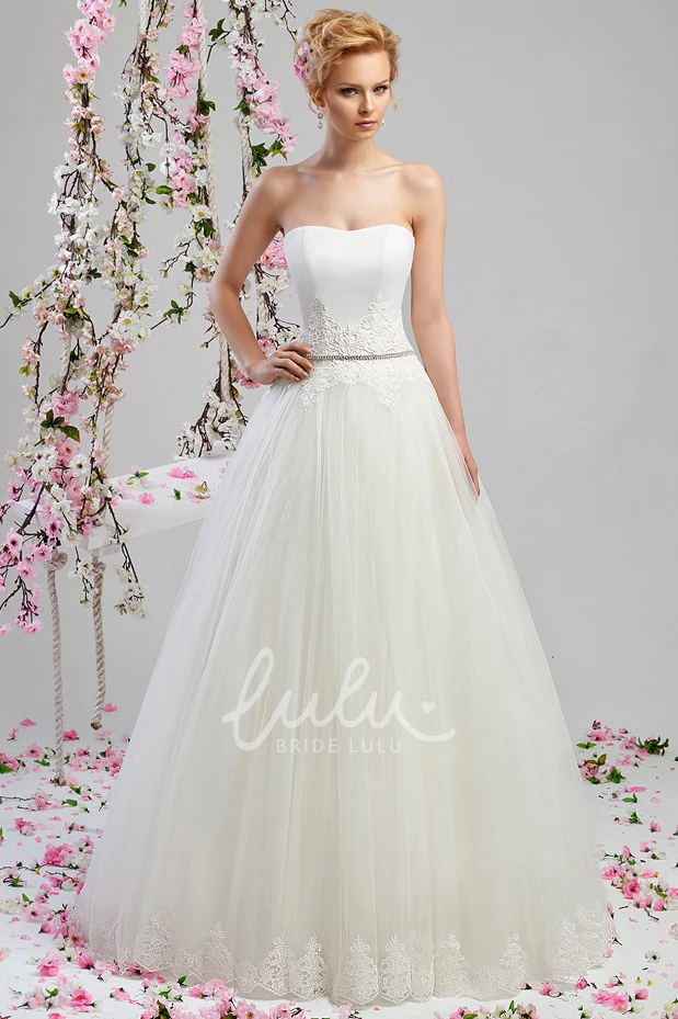 Strapless A-Line Satin and Tulle Spring Wedding Dress with Jeweled Waist and Cape Unique Bridal Gown