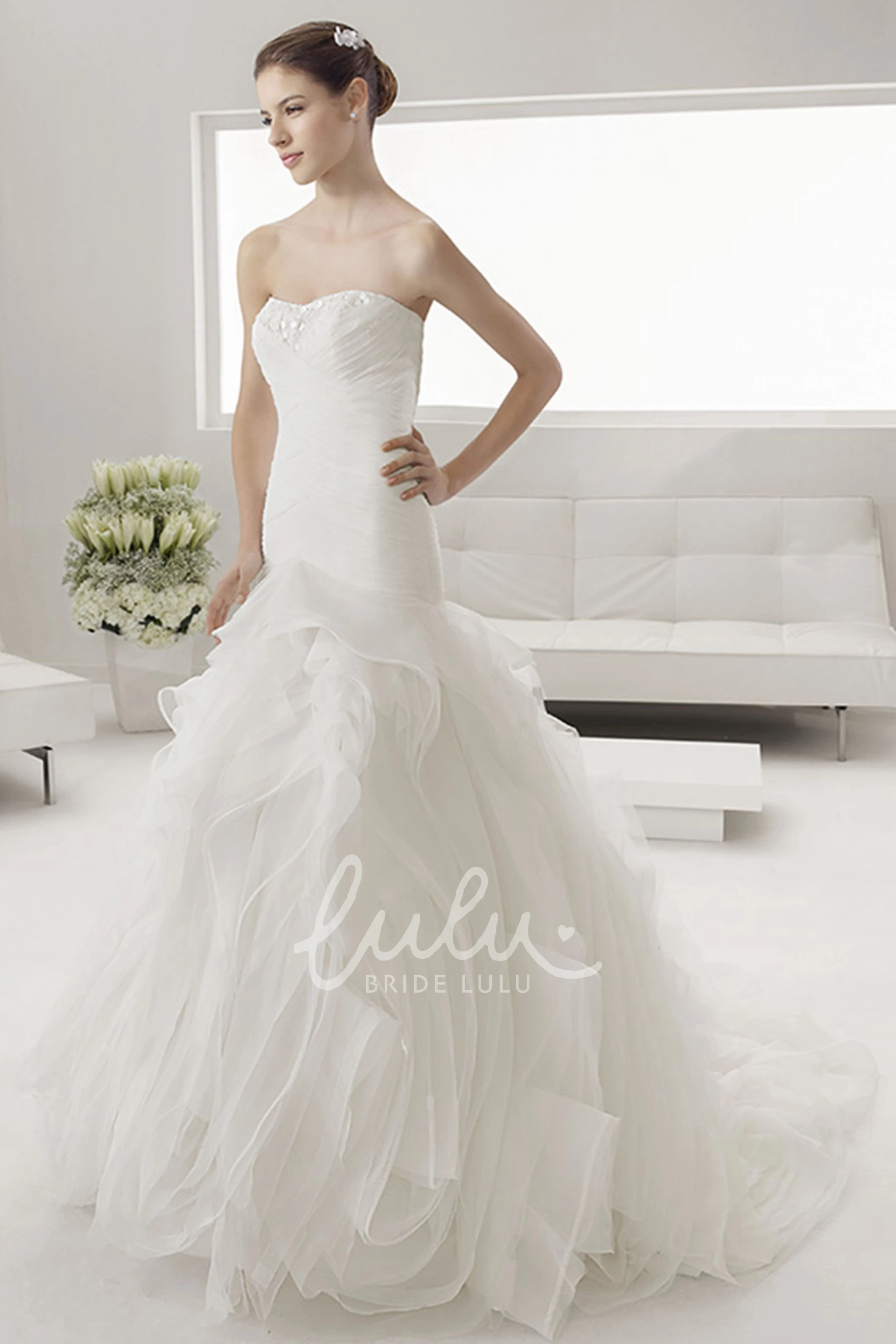 Ruched Bodice Mermaid Bridal Dress with Lace Neck and Floral Organza Skirt