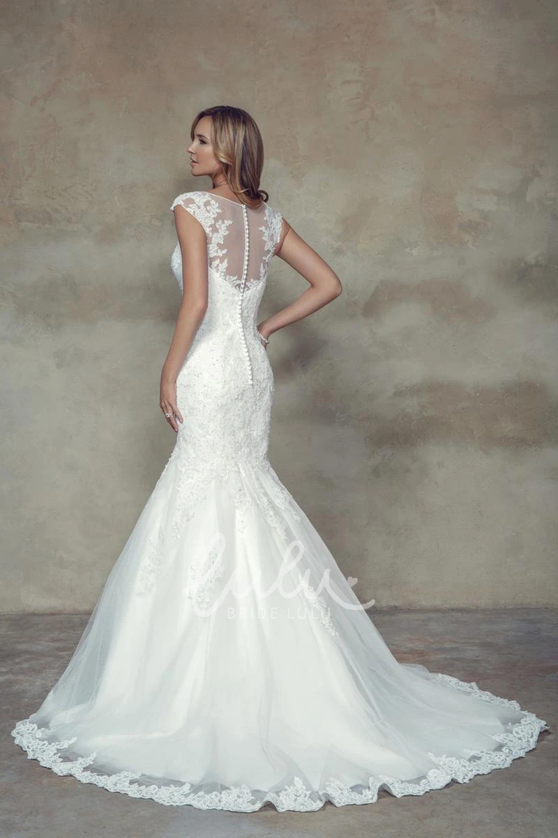 Jeweled Lace Warm Wedding Dress with Illusion Cap-Sleeves and Scoop-Neck Trumpet Maxi