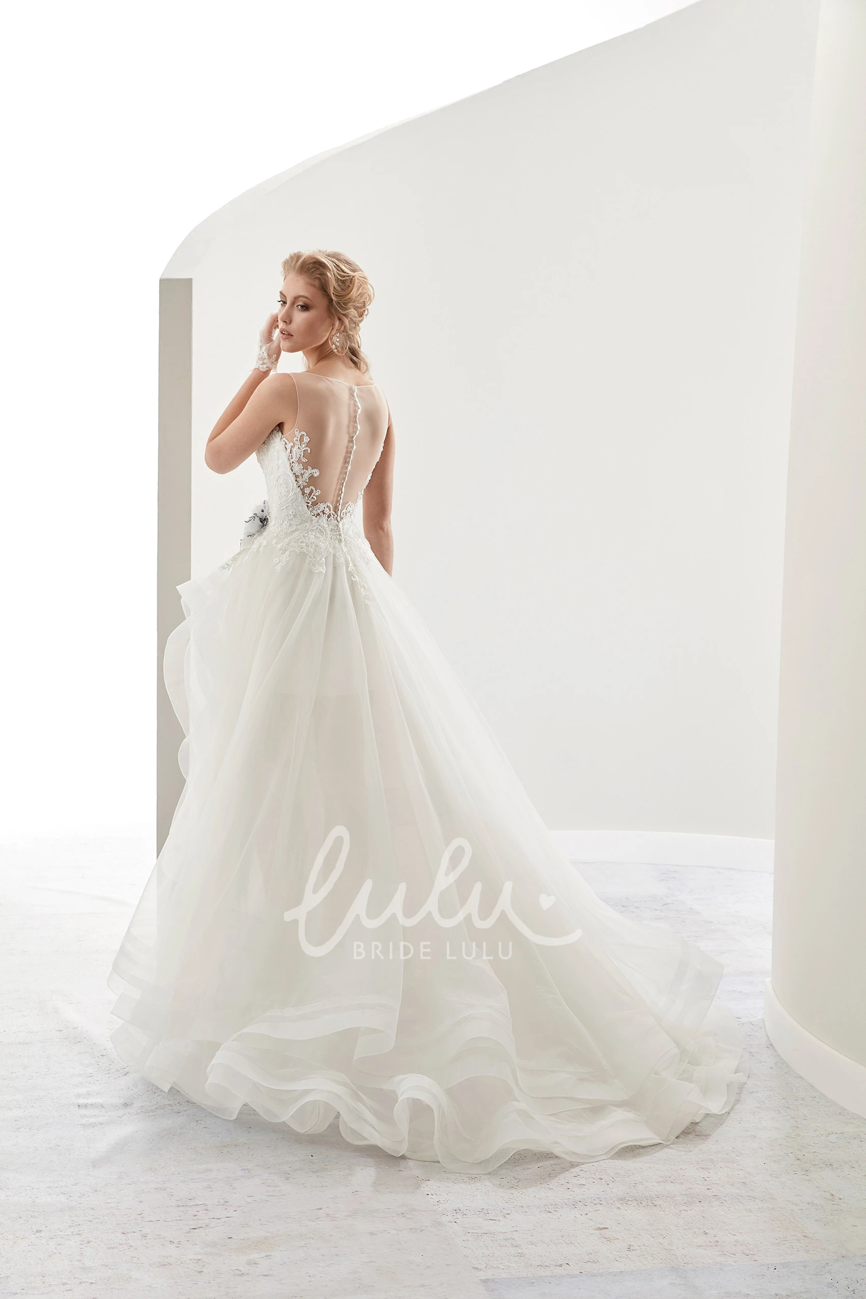 High-Low Bridal Gown with Cap Sleeves Flower Embellishment and Ruffles