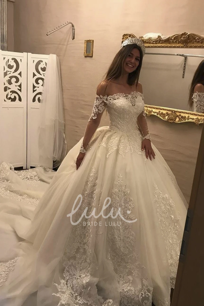 Luxury Lace Off-the-shoulder Long Sleeve Wedding Dress with Keyhole Back