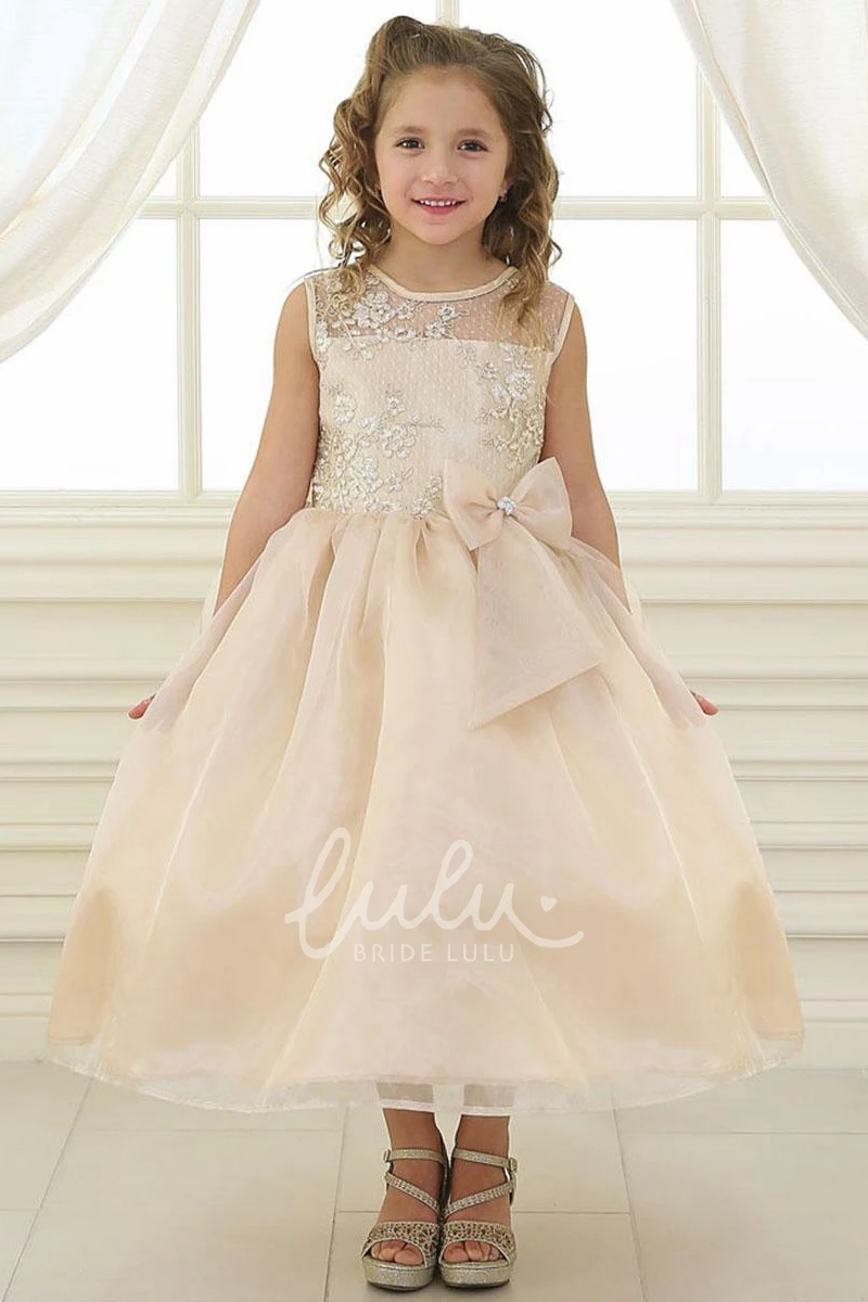 Floral Lace and Organza Flower Girl Dress with Illusion Bowed Tea-Length