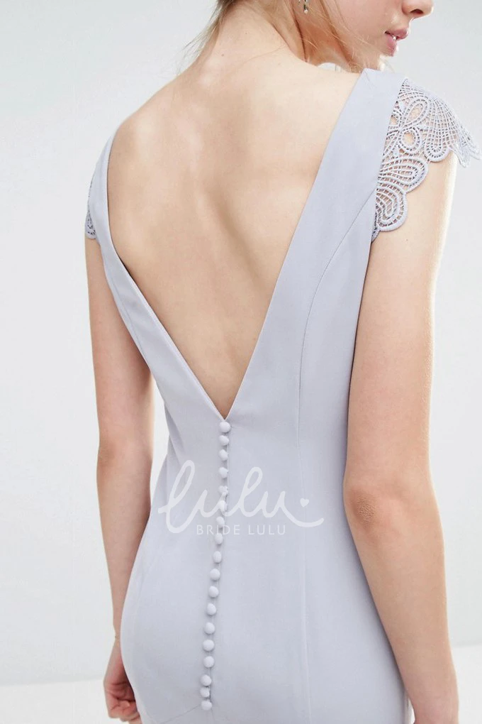 Chiffon Bridesmaid Dress with Brush Train Sheath Jewel Neck Short Sleeve