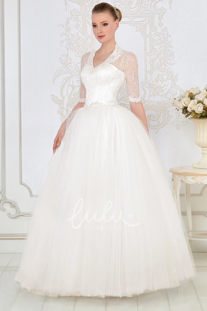 Ball Gown Tulle Wedding Dress V-Neck Illusion-Sleeves Beading Corset Back
