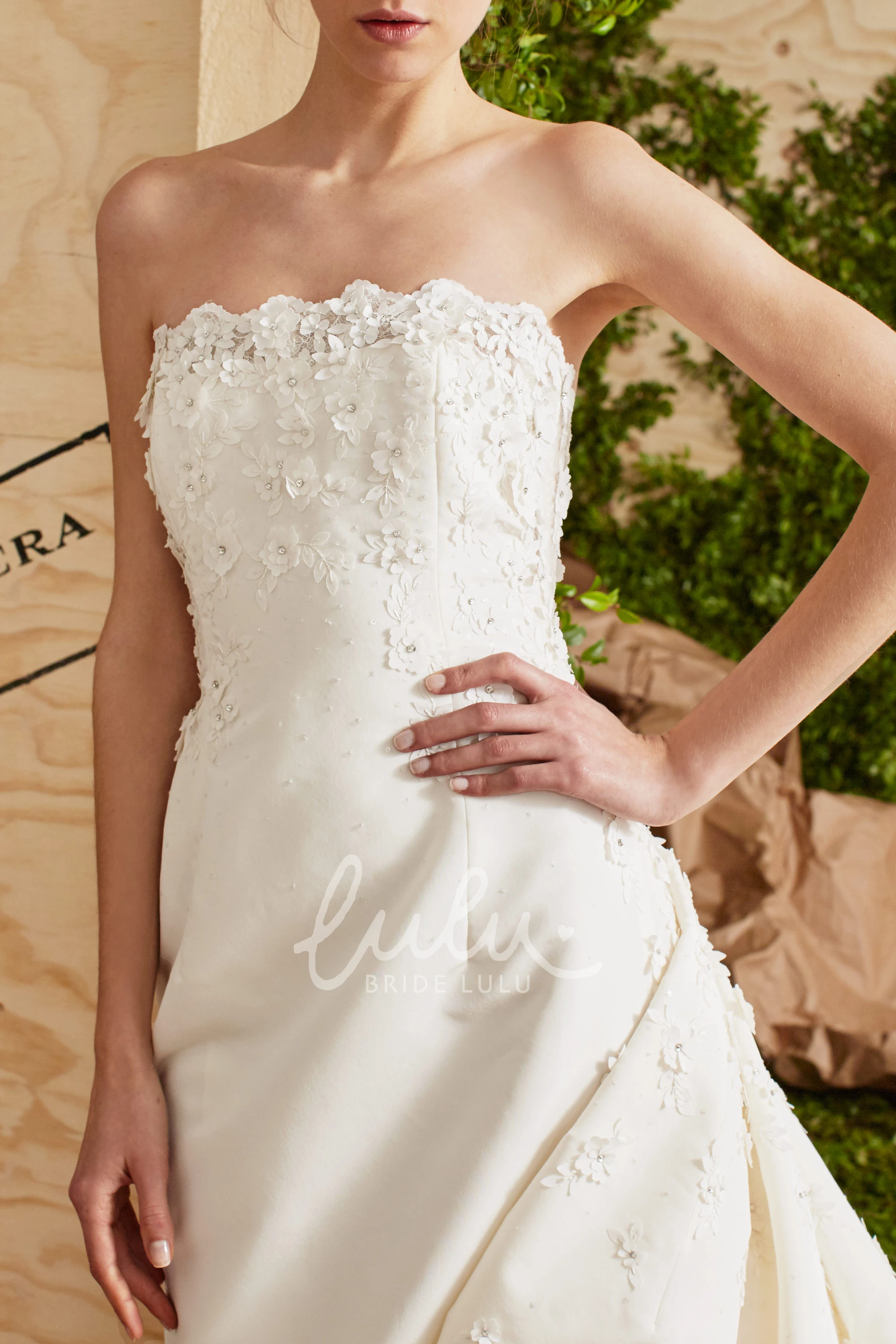 Satin Strapless Appliqued Wedding Dress A-Line Style with Floor-Length