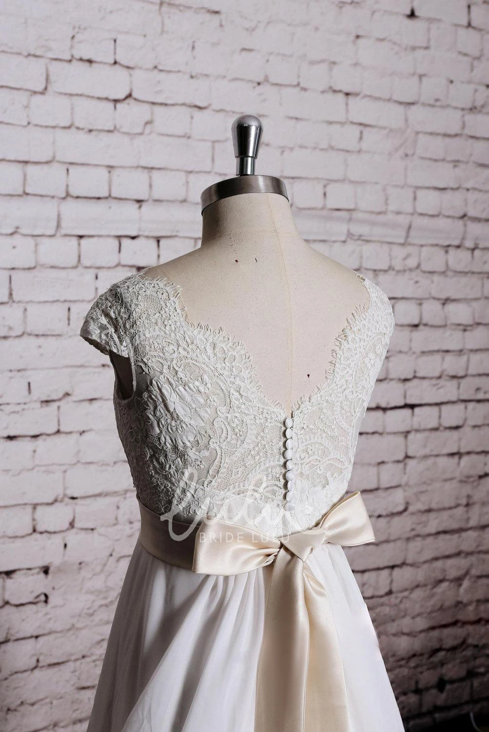 Lace Cap Sleeve Chiffon Skirt Wedding Dress with Champagne Sash Unique Bridal Gown