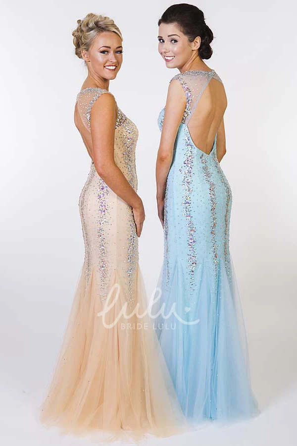 Sleeveless Beaded Sheath Tulle Prom Dress Scoop-Neck Floor-Length