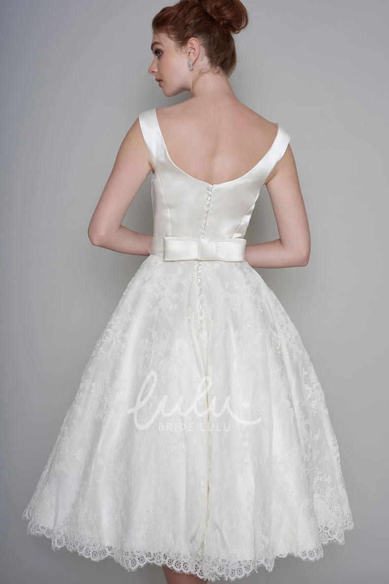 Satin Lace Off-Shoulder Low-V Back Tea-Length Bridal Gown